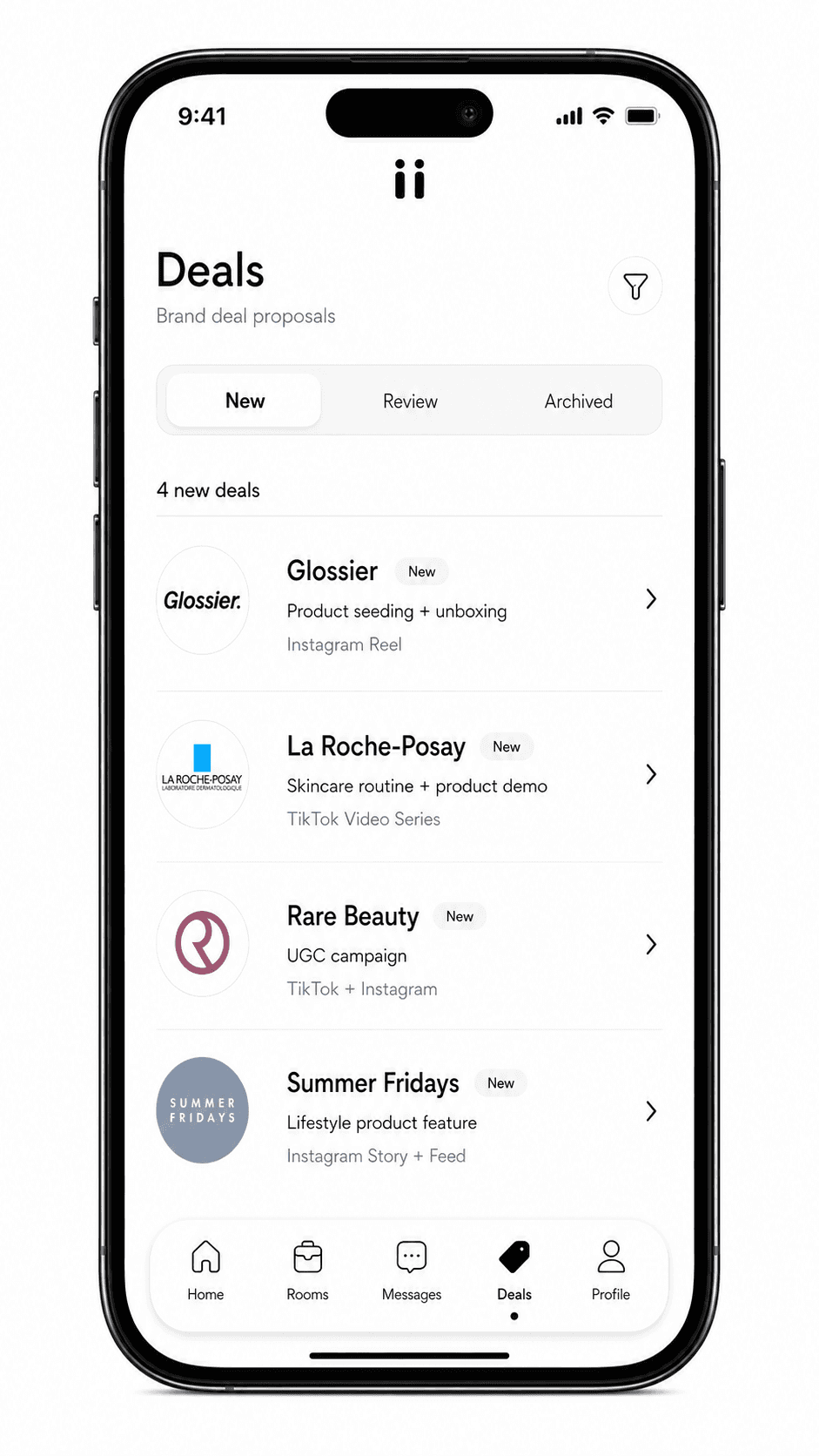 Riink creator app deals screen with new and active brand proposals.