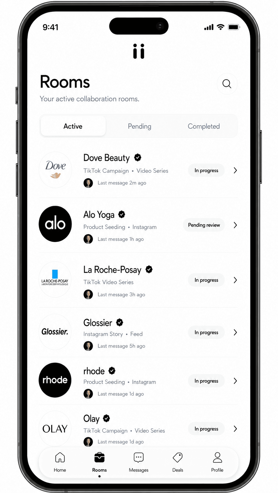 Riink creator app collaboration rooms screen.