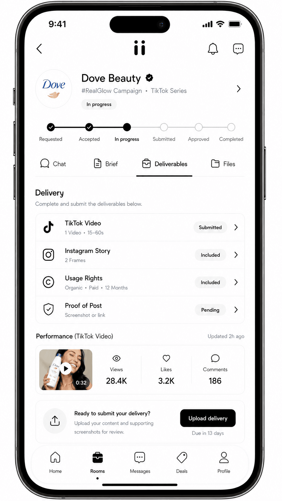 Riink creator app collaboration room detail with tasks and tracking.